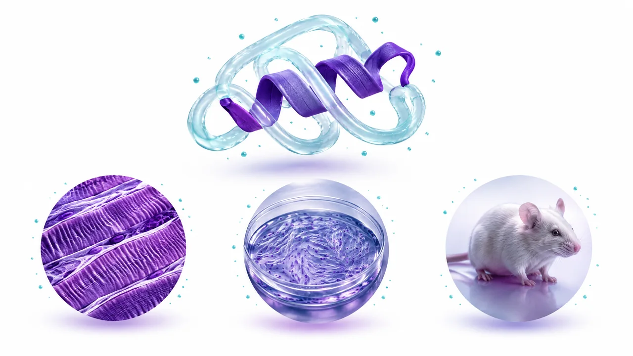 Original conceptual science illustration for PEG-MGF; the adjoining labelled figure separates established biology from observed and unverified findings.