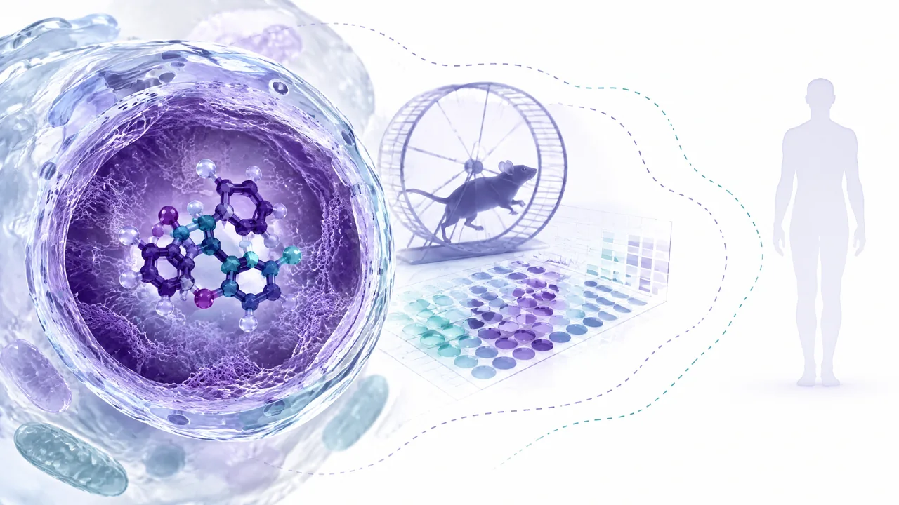 Original conceptual science illustration for SLU-PP-332; the adjoining labelled figure separates established biology from observed and unverified findings.