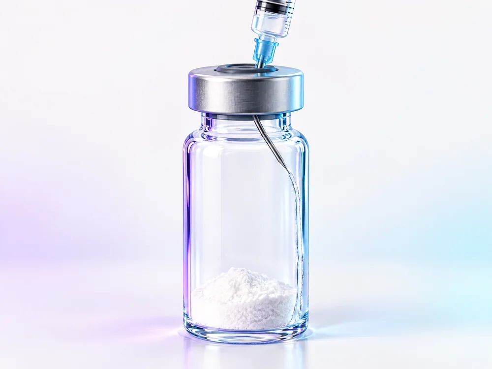 Unbranded vial with sterile liquid visibly flowing down the inside glass wall rather than directly onto the powder