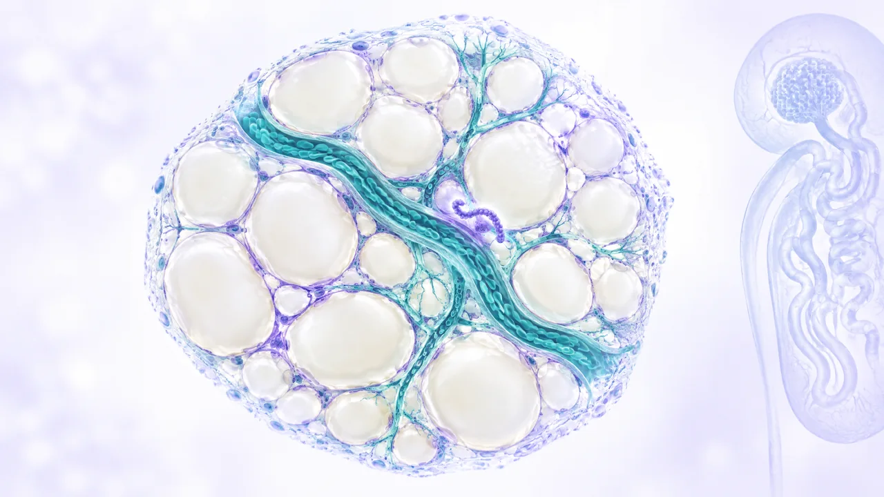 Original conceptual science illustration for Adipotide; the adjoining labelled figure separates established biology from observed and unverified findings.