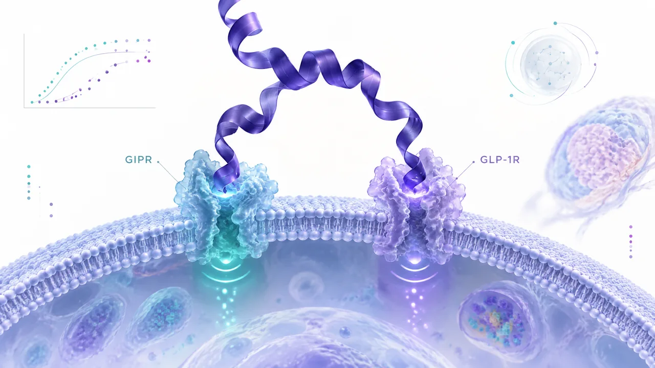 Original conceptual science illustration for Tirzepatide; the adjoining labelled figure separates established biology from observed and unverified findings.
