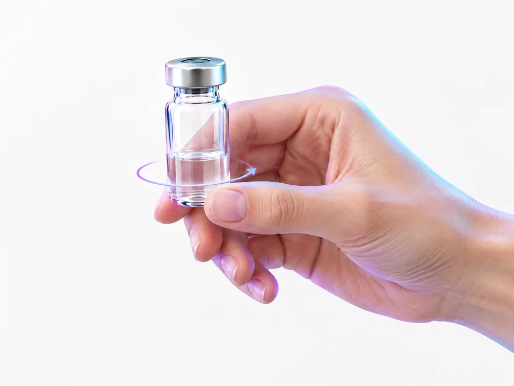 Hand gently rotating an upright clear vial in a small circular motion