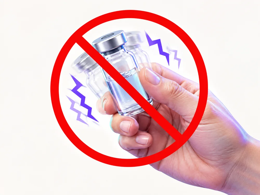 A clear vial being shaken with an unmistakable red crossed-out prohibition sign
