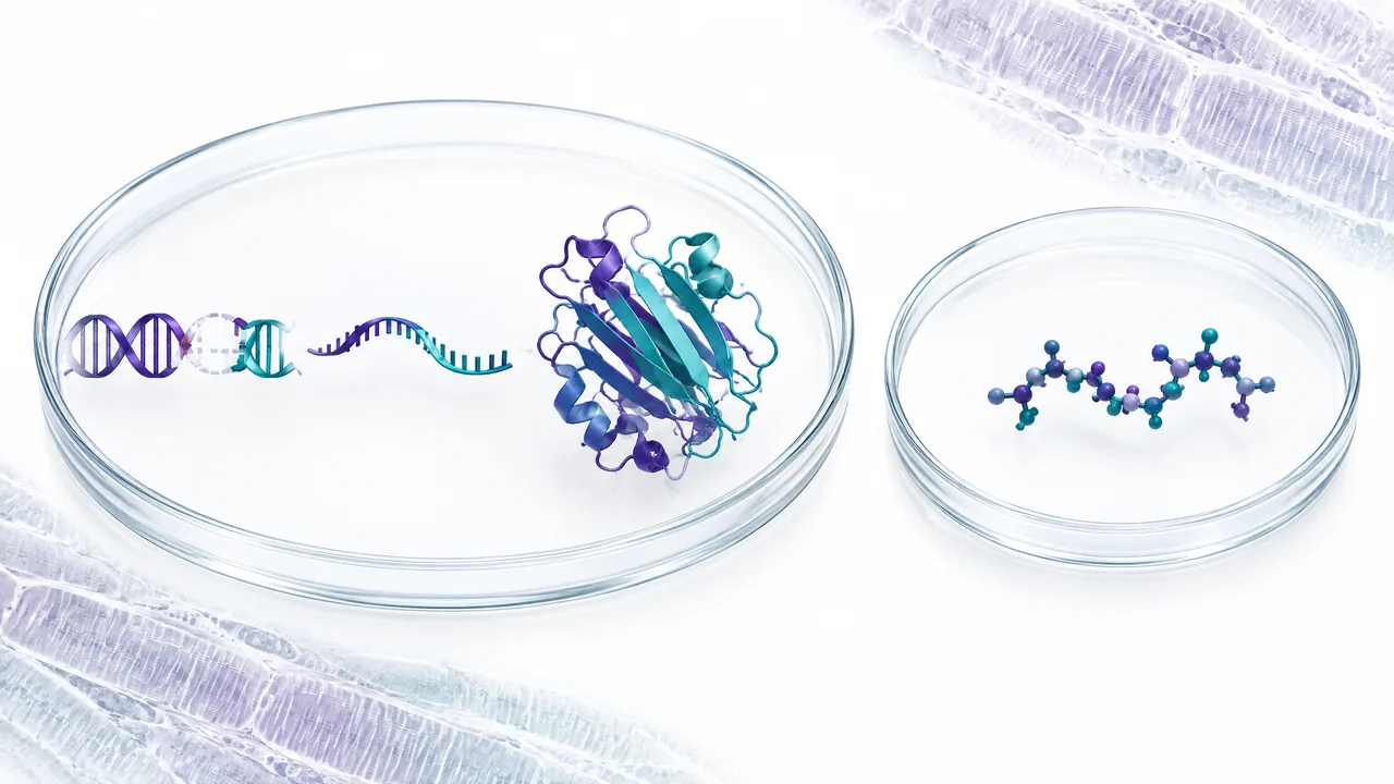 Original conceptual science illustration for mgf; the adjoining labelled figure separates established biology from observed and unverified findings.