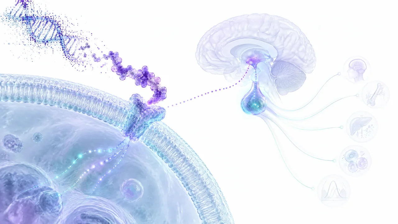 Original conceptual science illustration for Kisspeptin; the adjoining labelled figure separates established biology from observed and unverified findings.
