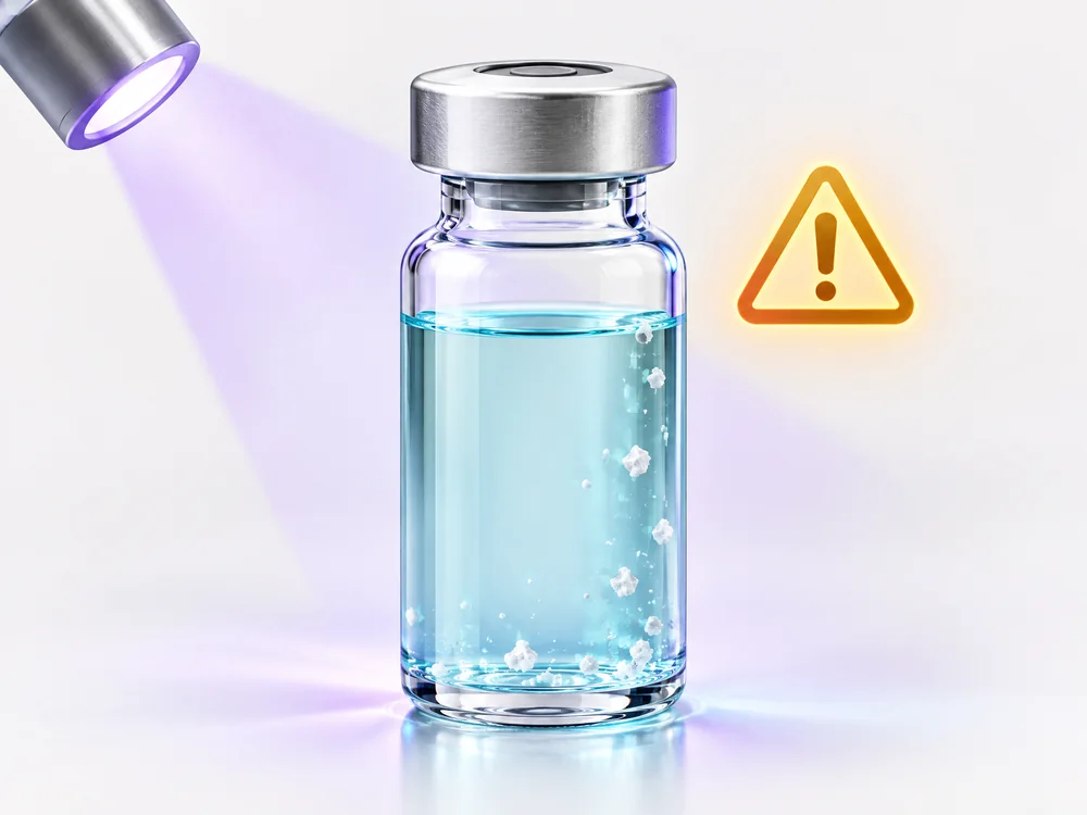 Inspection view of a vial containing distinct small white particles in an otherwise pale-blue solution with a caution symbol