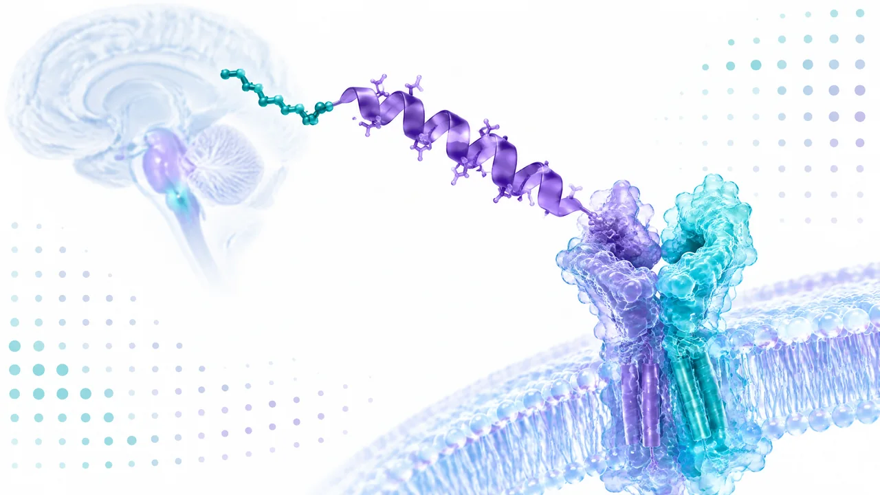Original conceptual science illustration for Cagrilintide; the adjoining labelled figure separates established biology from observed and unverified findings.