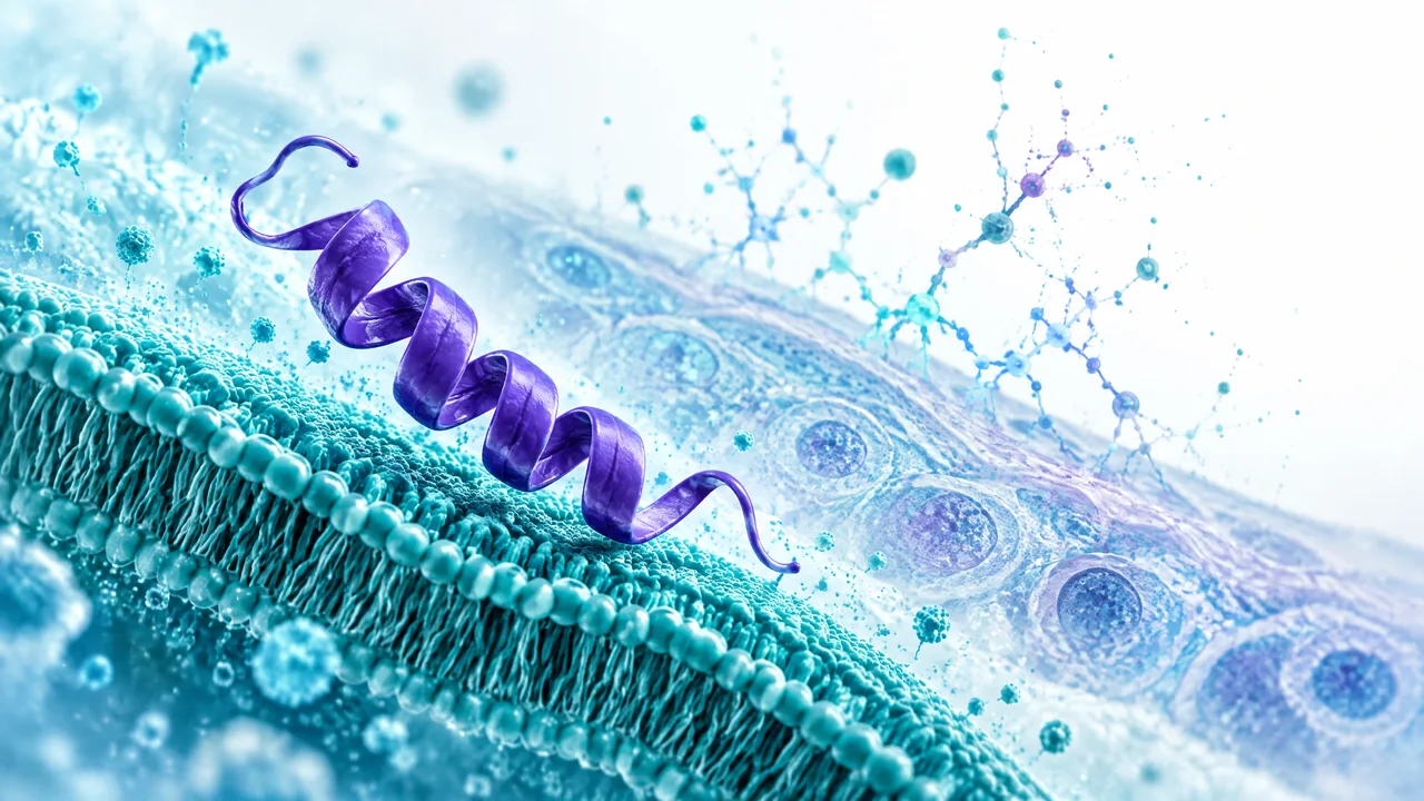 Original conceptual science illustration for LL-37; the adjoining labelled figure separates established biology from observed and unverified findings.