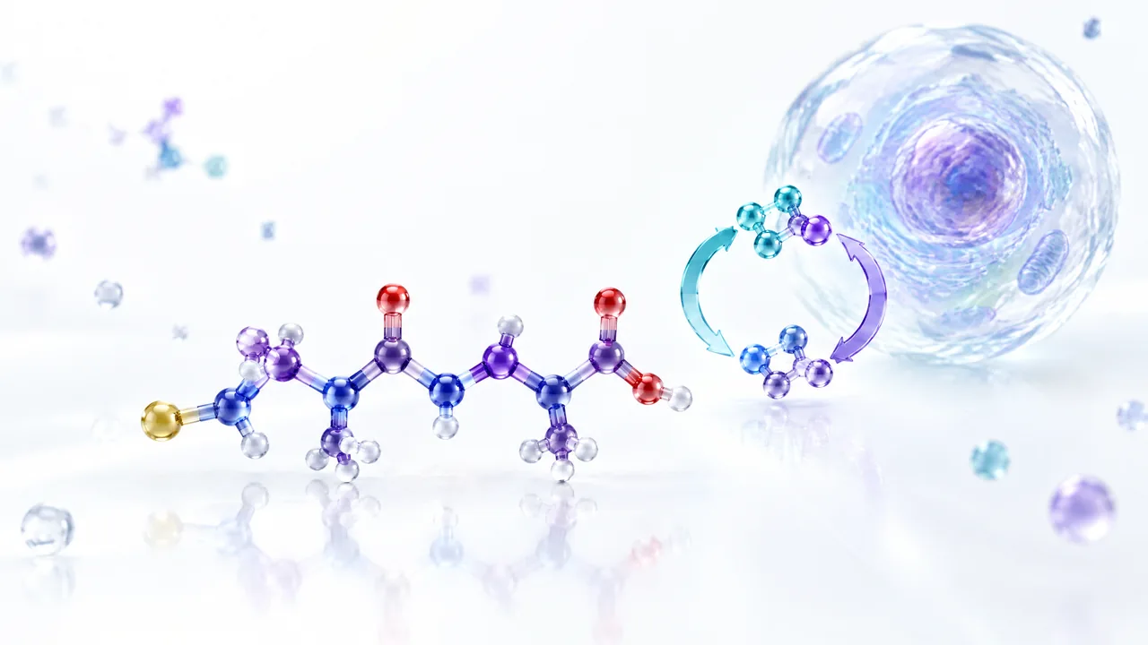Original conceptual science illustration for Glutathione; the adjoining labelled figure separates established biology from observed and unverified findings.