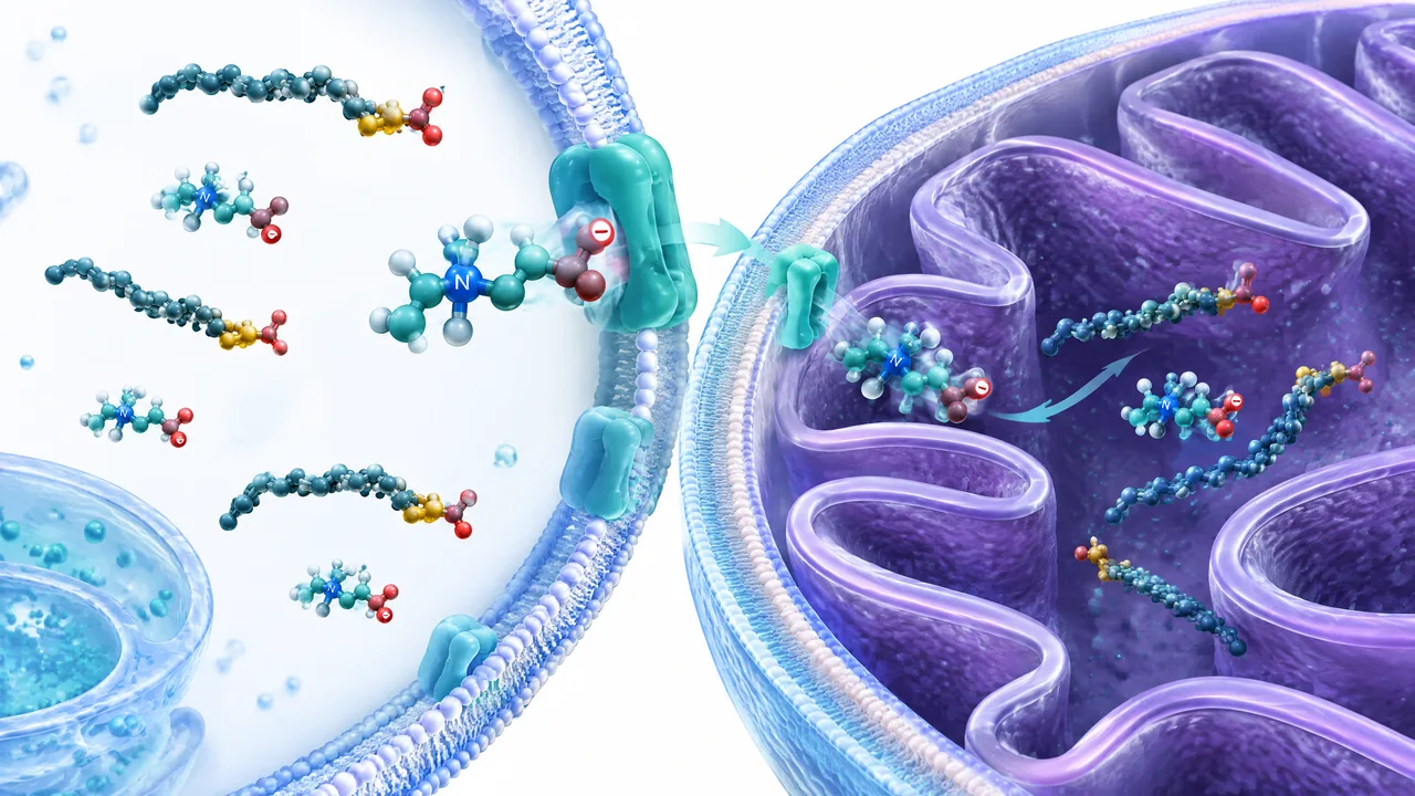 Original conceptual science illustration for L-Carnitine; the adjoining labelled figure separates established biology from observed and unverified findings.
