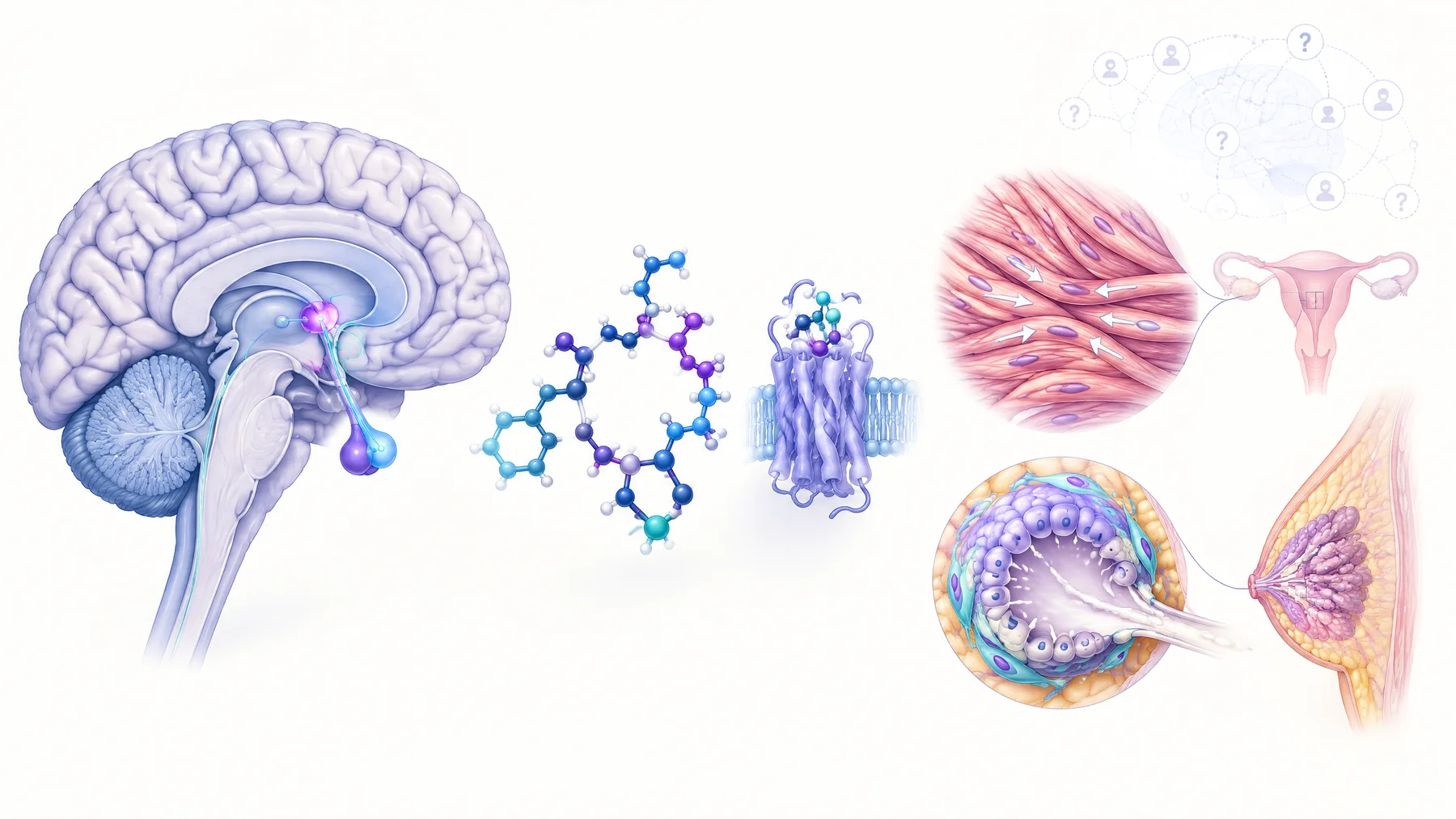 Conceptual illustration of hypothalamus and posterior pituitary signalling, an oxytocin receptor, uterine smooth muscle and breast alveoli; social-brain effects are indicated as uncertain research.