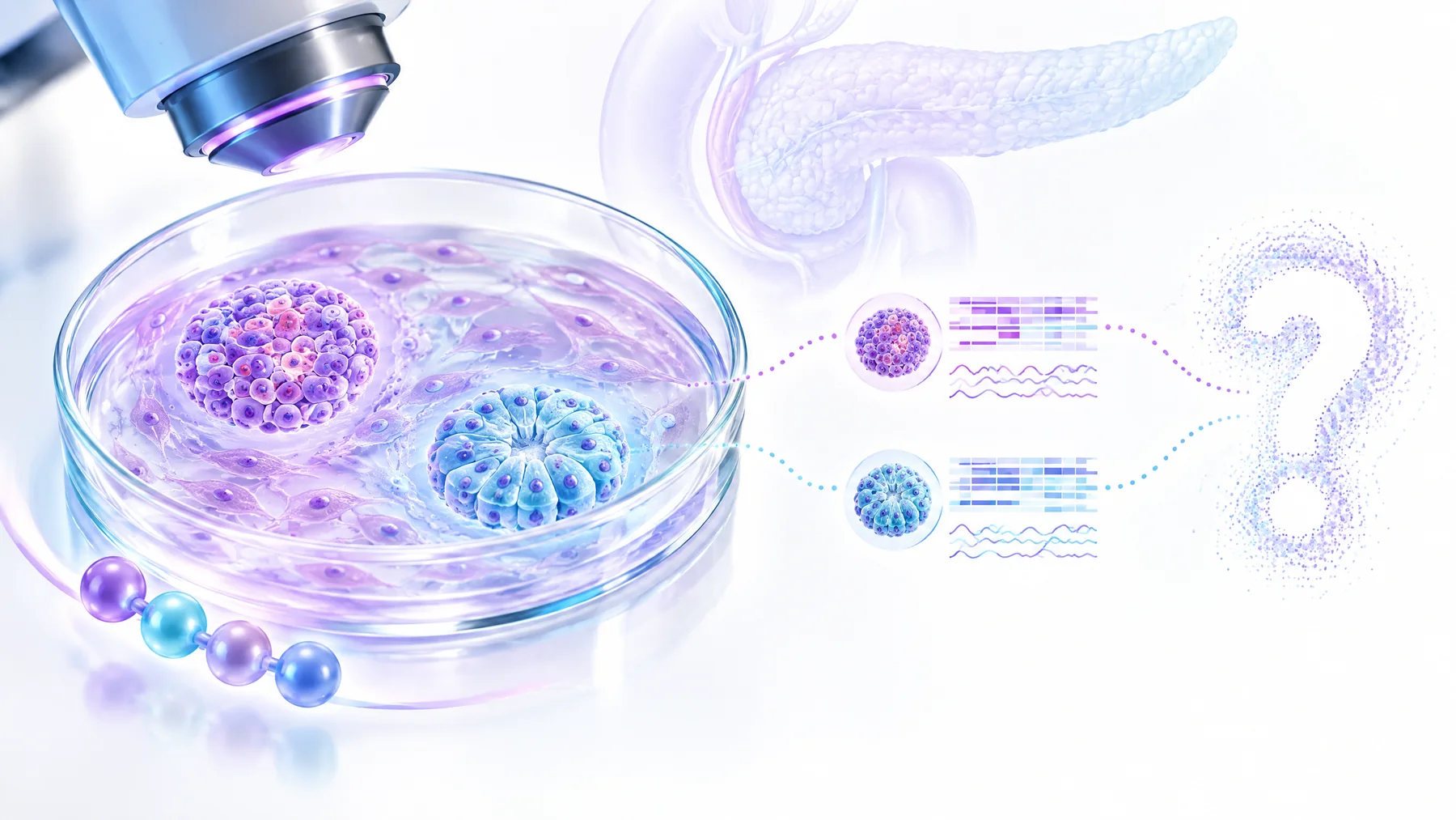 Laboratory cell-culture illustration of pancreatic-cell research, marker readouts and an open question; not a depiction of proven pancreatic repair or treatment.